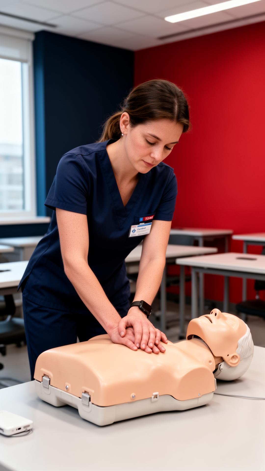 Premier CPR instructor demonstrating chest compressions on a training manikin
